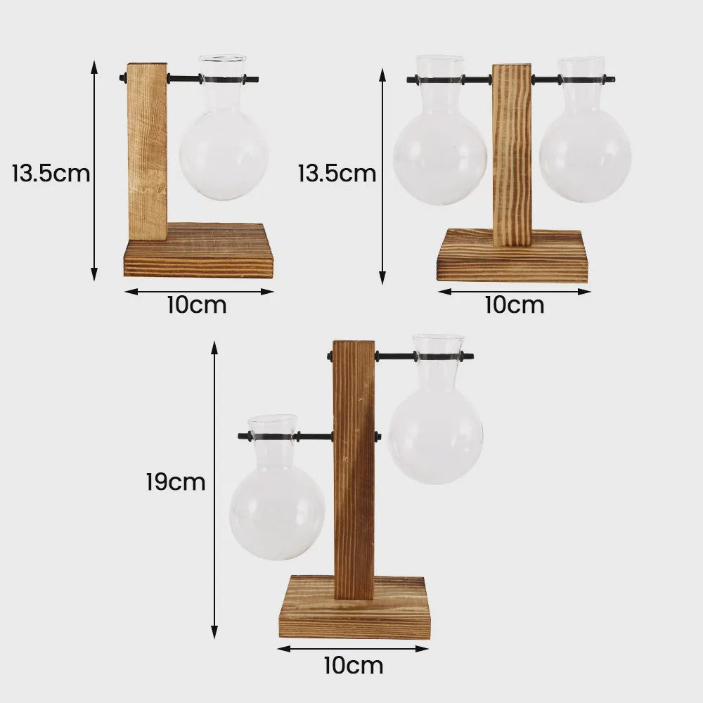 Glazen Vaas met Houten Standaard - Hydroponische Plantenbak voor Bureau & Tafel