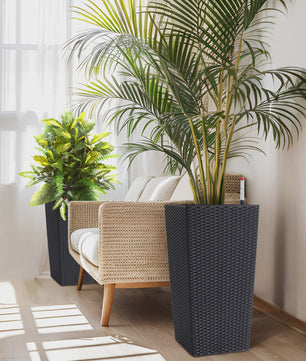 Set van 2 Hoge Rattan Plantenbakken - 16 Inch Moderne Wicker Potten met Drainage & Liner voor Buiten