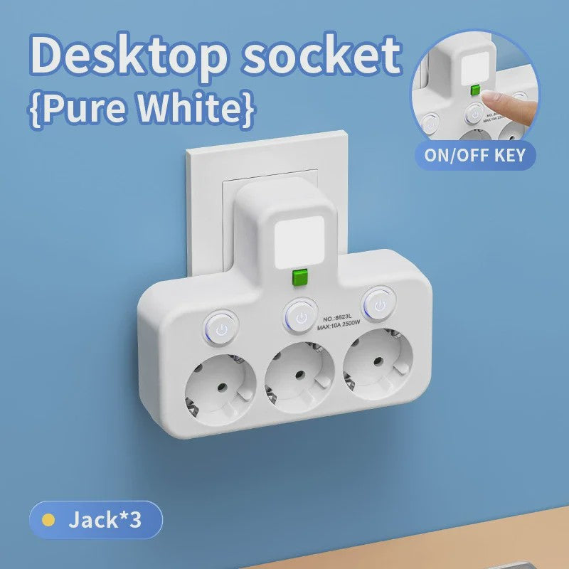 Wandcontactdoos met 5 AC-aansluitingen, 2 USB-poorten, Nachtlampje en Onafhankelijke Schakelaars