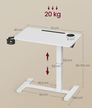 VASAGLE Mobiele bijzettafel met wielen, verstelbare hoogte, 70x40 cm, 2 bekerhouders - Ideaal als laptoptafel of bar