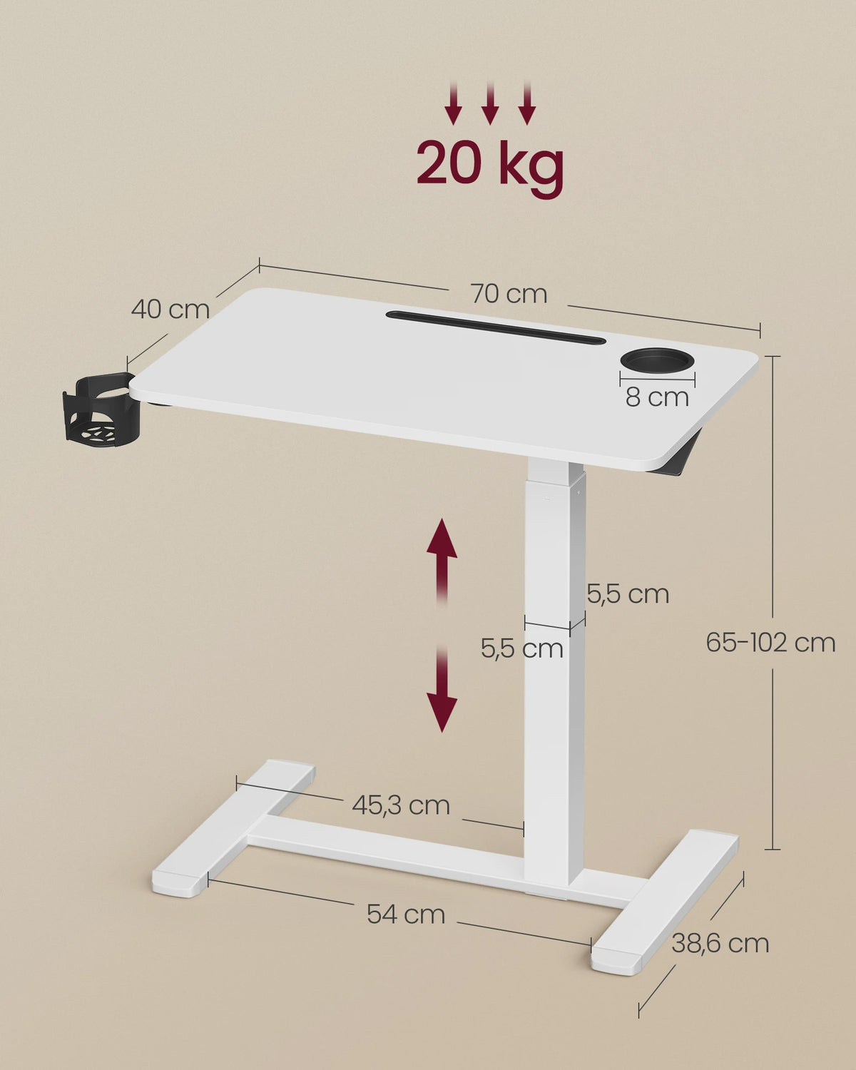 VASAGLE Mobiele bijzettafel met wielen, verstelbare hoogte, 70x40 cm, 2 bekerhouders - Ideaal als laptoptafel of bar