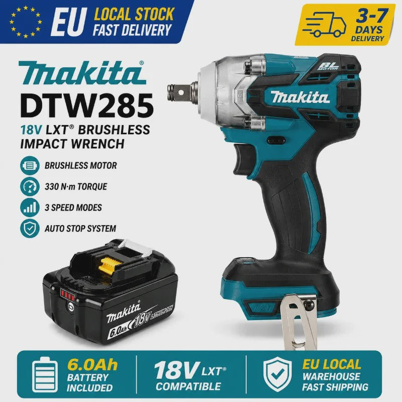 Makita DTW285 18V Accu Slagmoersleutel Borstelloos 330 Nm + 6.0Ah Batterij
