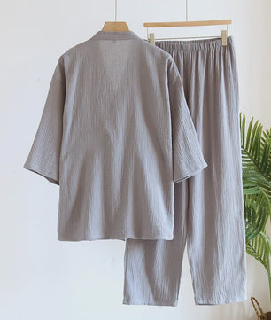 Luxe Katoenen Kimono Pyjama Set Heren - 2 Delig met Lange Broek en Zakken