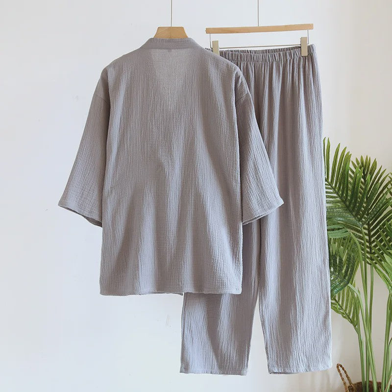 Luxe Katoenen Kimono Pyjama Set Heren - 2 Delig met Lange Broek en Zakken