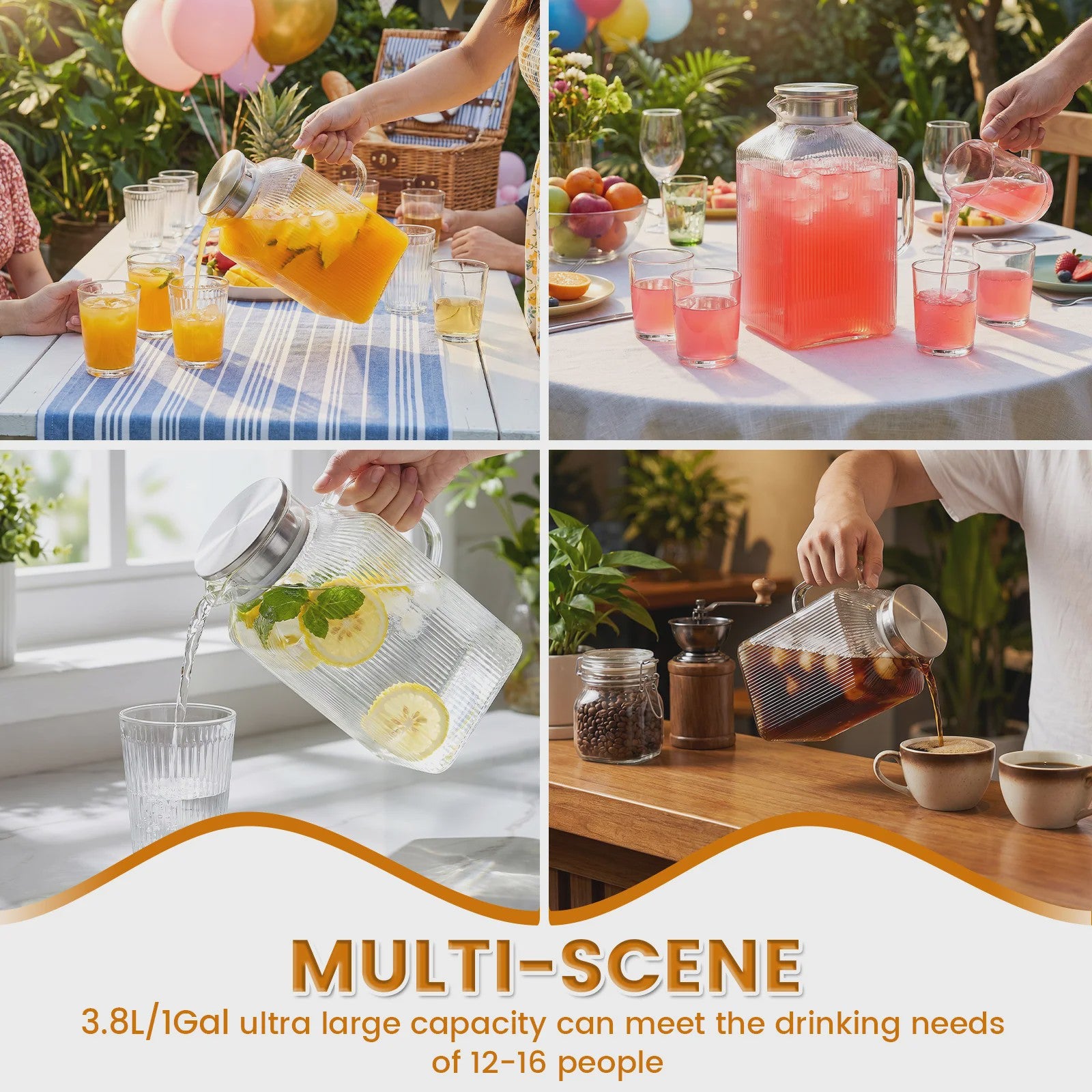 Glazen Kan 3.8L met Deksel & Borstel - Hittebestendig Borosilicaatglas voor Warme & Koude Dranken