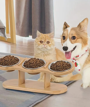 Verhoogde Bamboe Voerbak voor Hond en Kat - 3 Bakken, Ergonomisch Ontwerp
