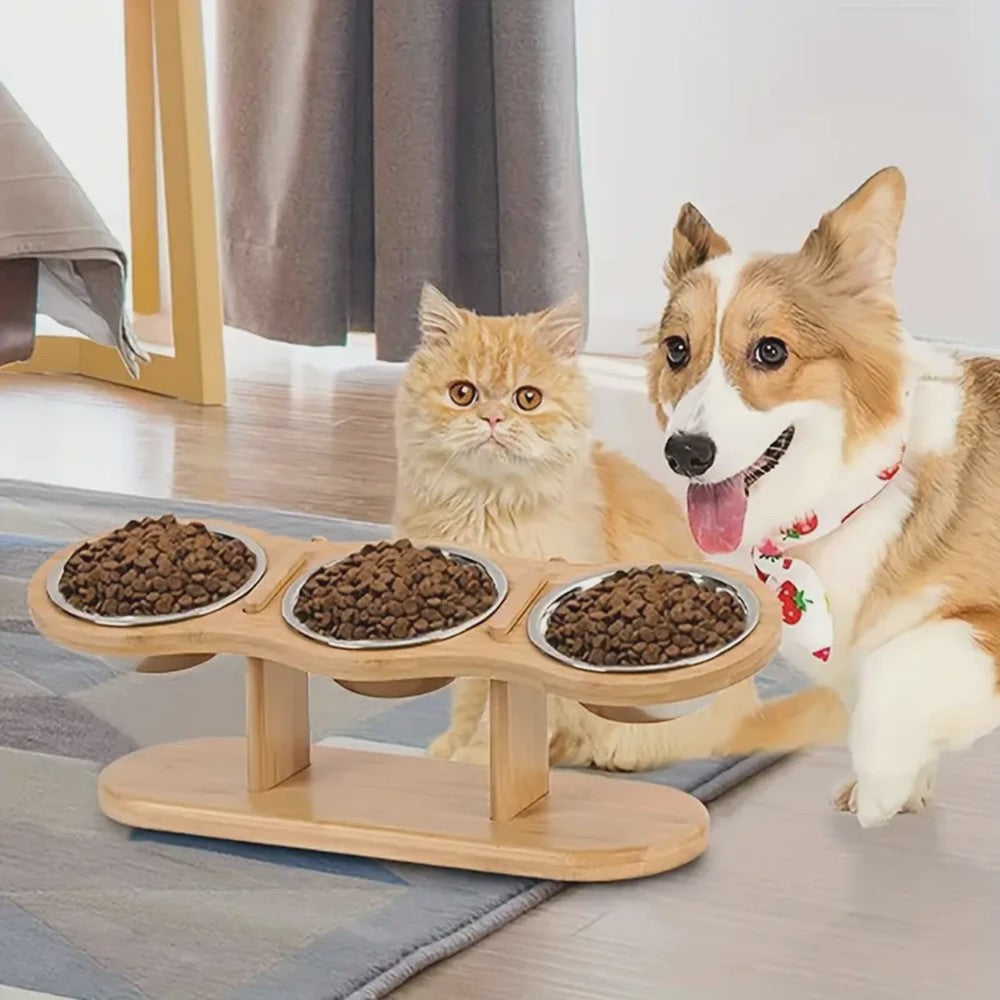 Verhoogde Bamboe Voerbak voor Hond en Kat - 3 Bakken, Ergonomisch Ontwerp