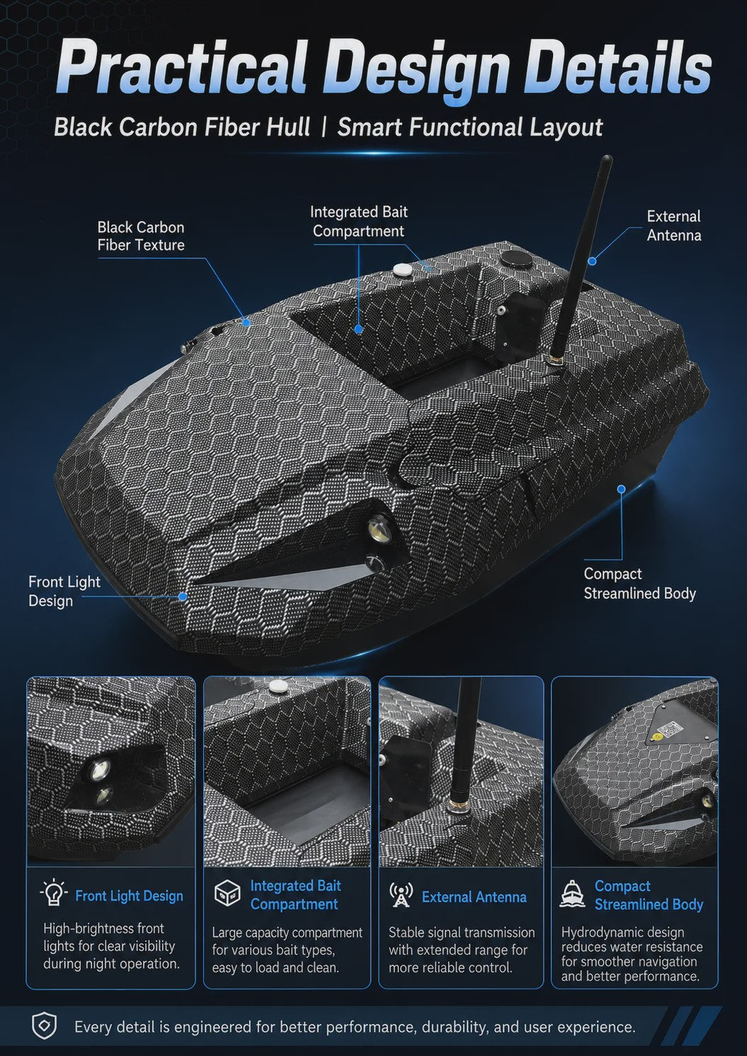 D50B Carbon Fiber GPS Voerboot met Dubbele 15600mAh Batterij - Krachtige RC Visboot