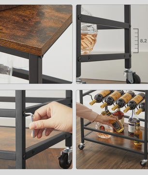 VASAGLE Serveertrolley met Wijnrek en Glashouder - Keukentrolley op Wielen, 40x60x82 cm