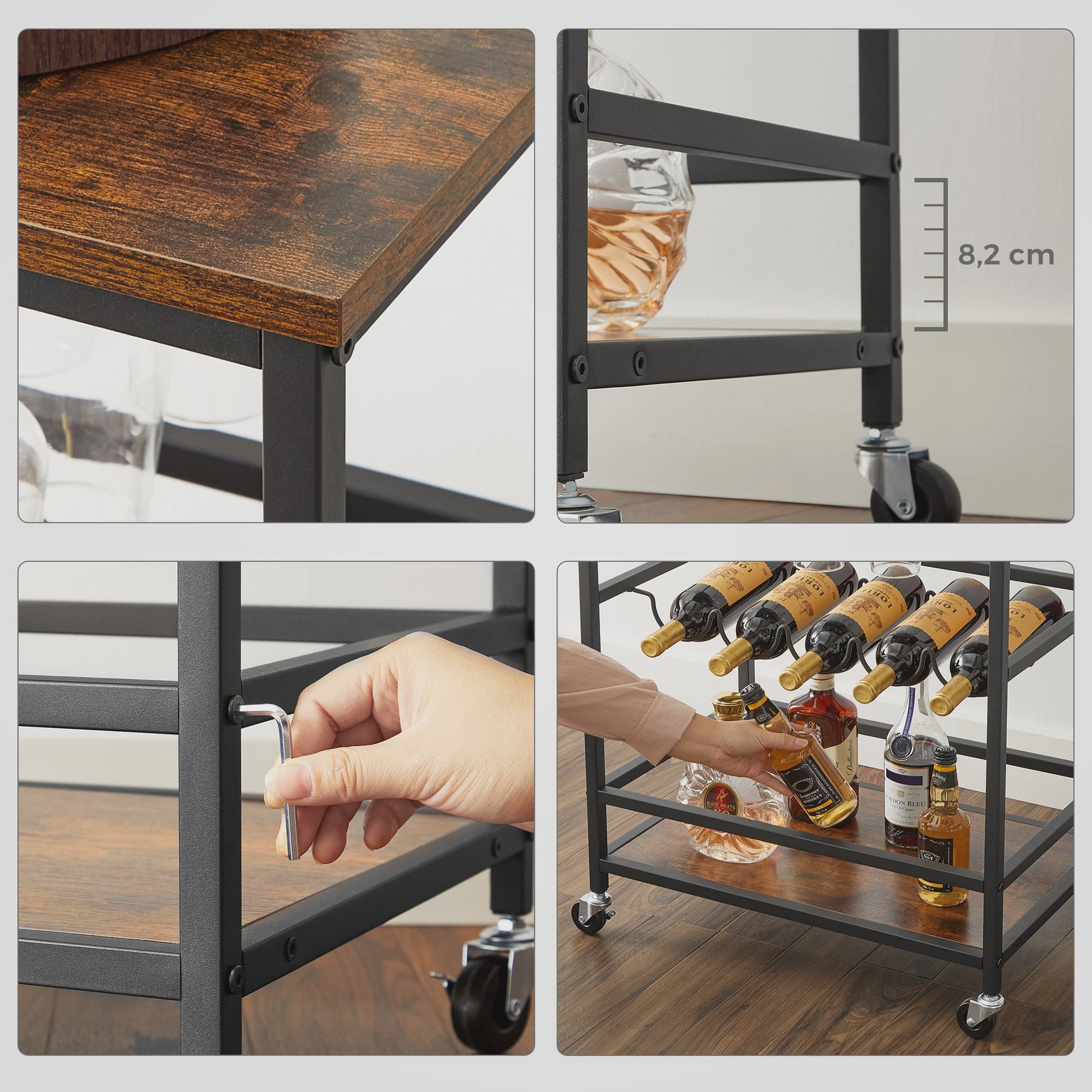 VASAGLE Serveertrolley met Wijnrek en Glashouder - Keukentrolley op Wielen, 40x60x82 cm