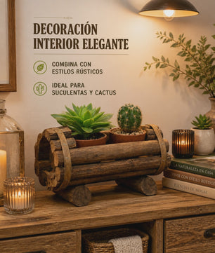 Rustieke Houten Plantenbak voor Succulenten & Cactussen - Handgemaakt Log Decor 20x12cm