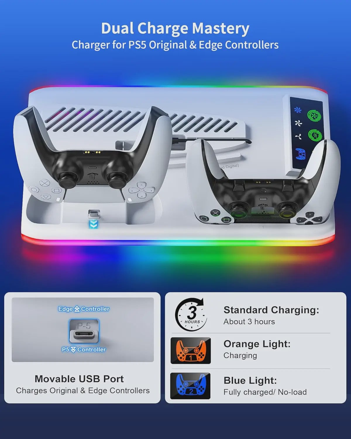 PlayStation 5 Cooling Stand met LED, Controller Oplaadstation & 3-Speed Ventilator