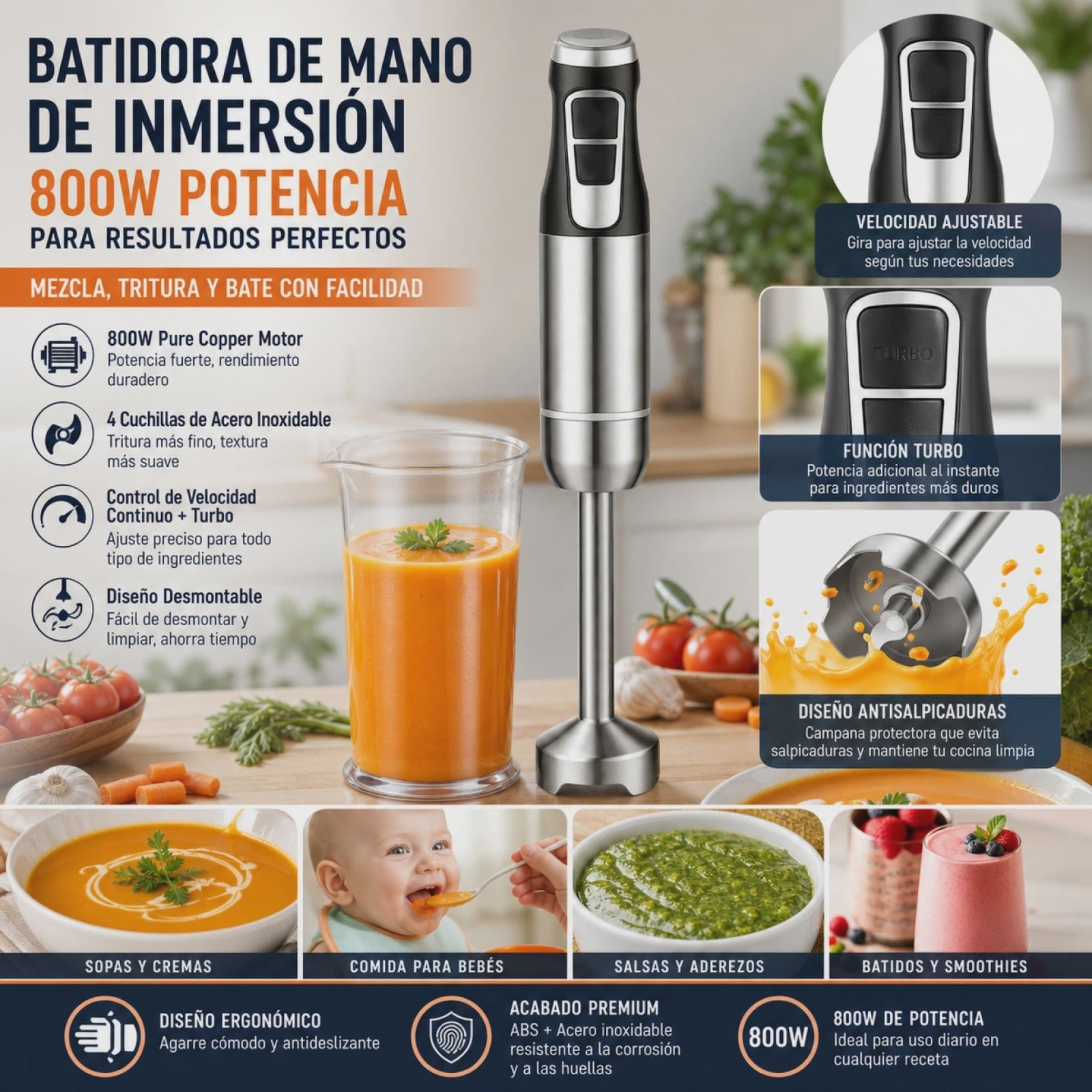 800W Staafmixer met Koperen Motor, 4-Blads Mes, Variabele Snelheid & Turbo