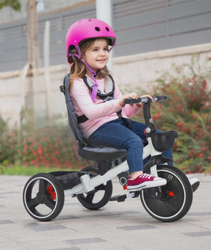 6-in-1 Opvouwbare Kinderdriewieler met Verstelbare Duwstang, Veiligheidsharnas en Zonnekap