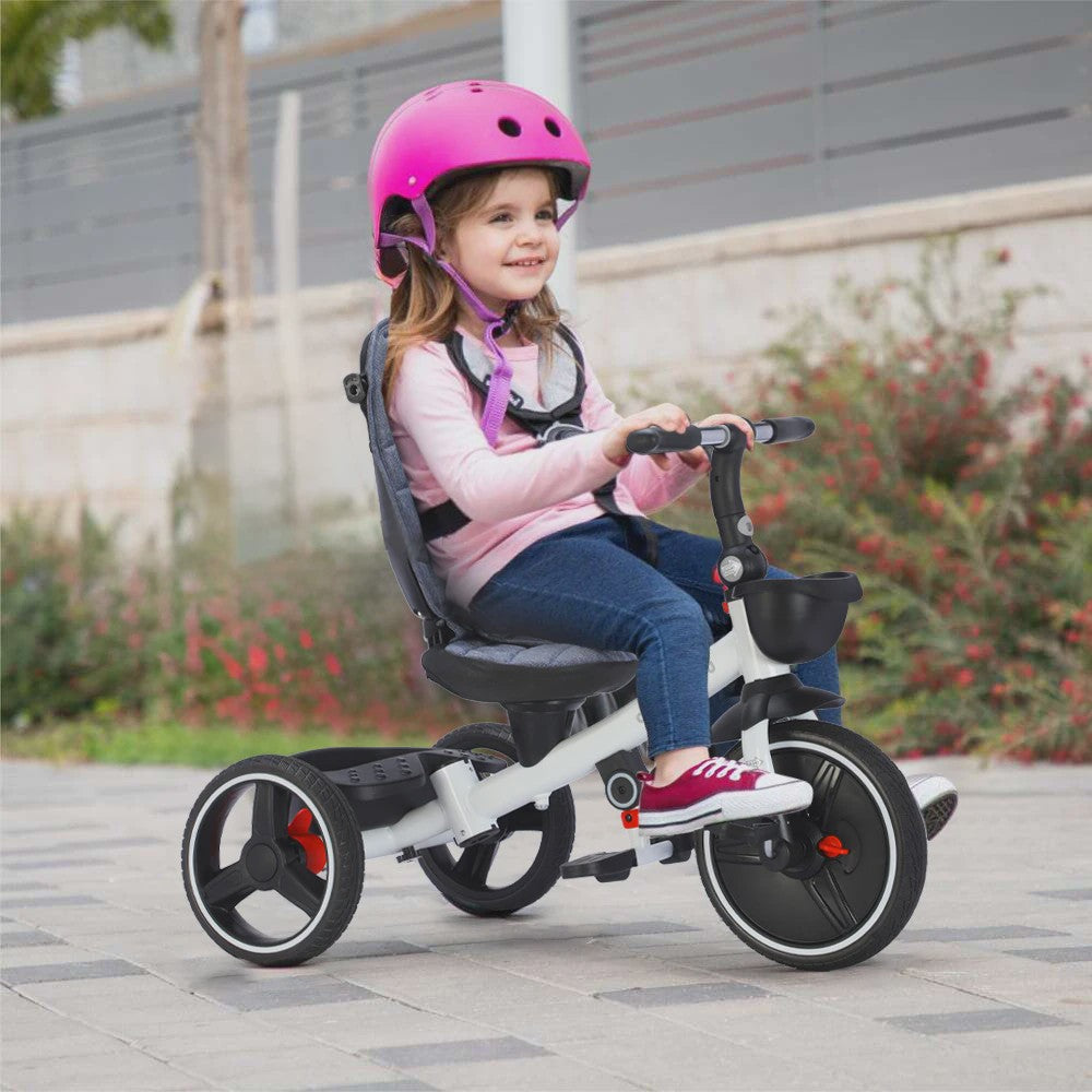 6-in-1 Opvouwbare Kinderdriewieler met Verstelbare Duwstang, Veiligheidsharnas en Zonnekap