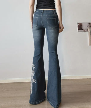 Dames Jeans met Retro Bloemenborduurwerk - Y2k Stijl Flared Broek