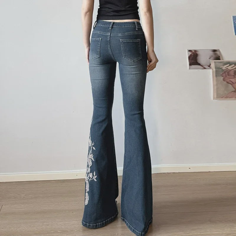 Dames Jeans met Retro Bloemenborduurwerk - Y2k Stijl Flared Broek