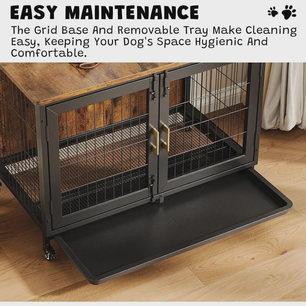 Houten Hondenkennel met Wielen en Lade - Stijlvolle Bijzettafel voor Kleine/Middelgrote Honden
