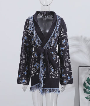 Gebreide Dames Cardigan met Patchwork Print, V-hals en Franjes - Stijlvolle Herfstjas