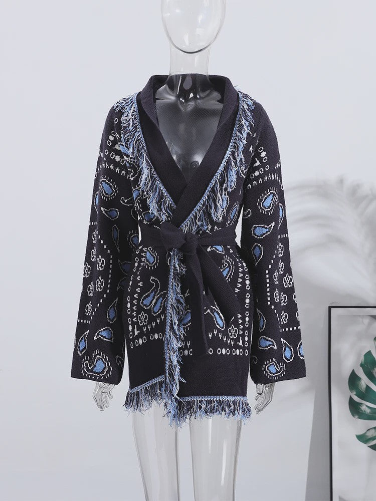 Gebreide Dames Cardigan met Patchwork Print, V-hals en Franjes - Stijlvolle Herfstjas