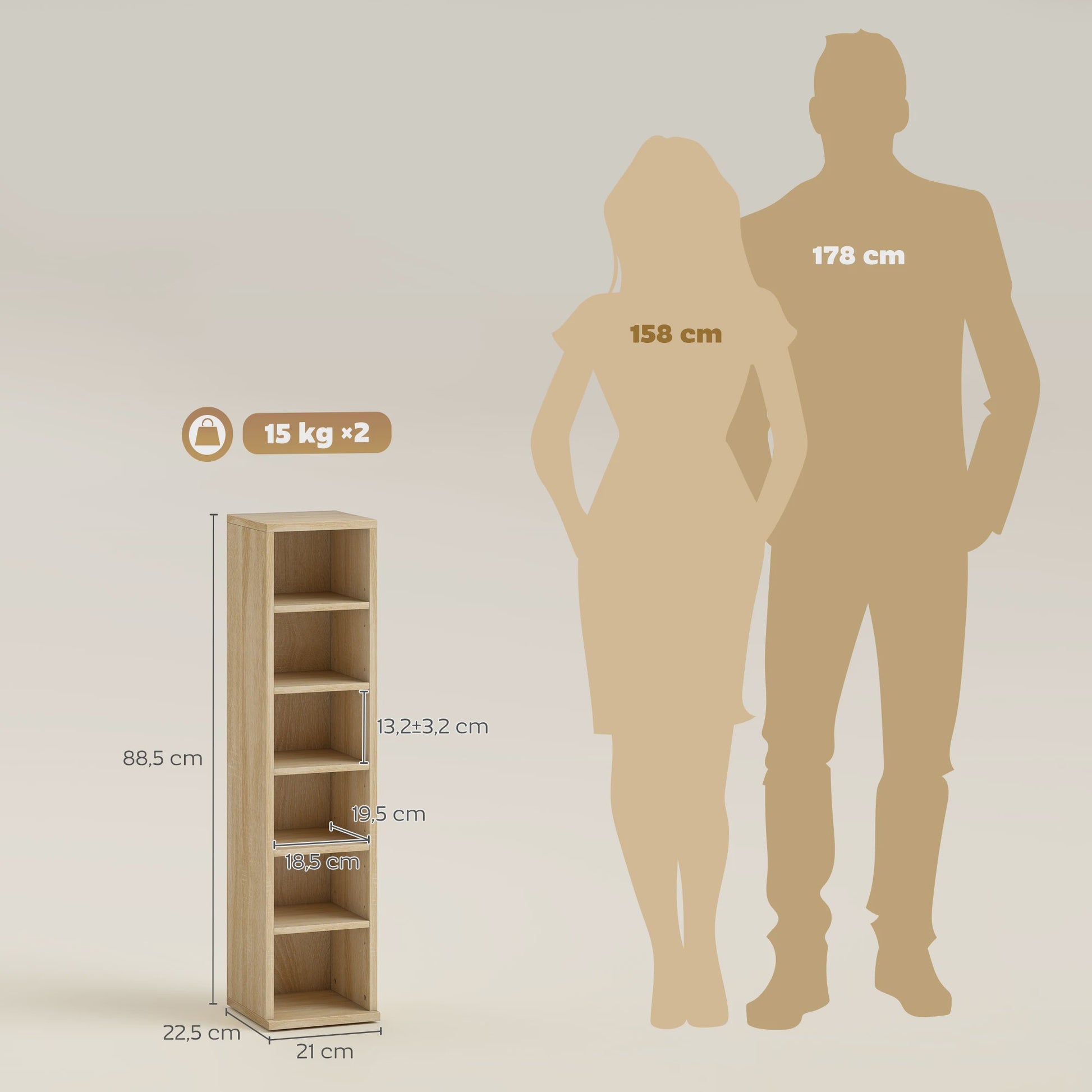 HOMCOM Set van 2 Houten Opbergkasten voor CD/DVD - Eiken Kleur