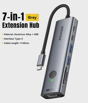 Essager 7-in-1 USB-C Hub: 4K HDMI, 100W PD, USB 3.0 & SD/TF Kaartlezer