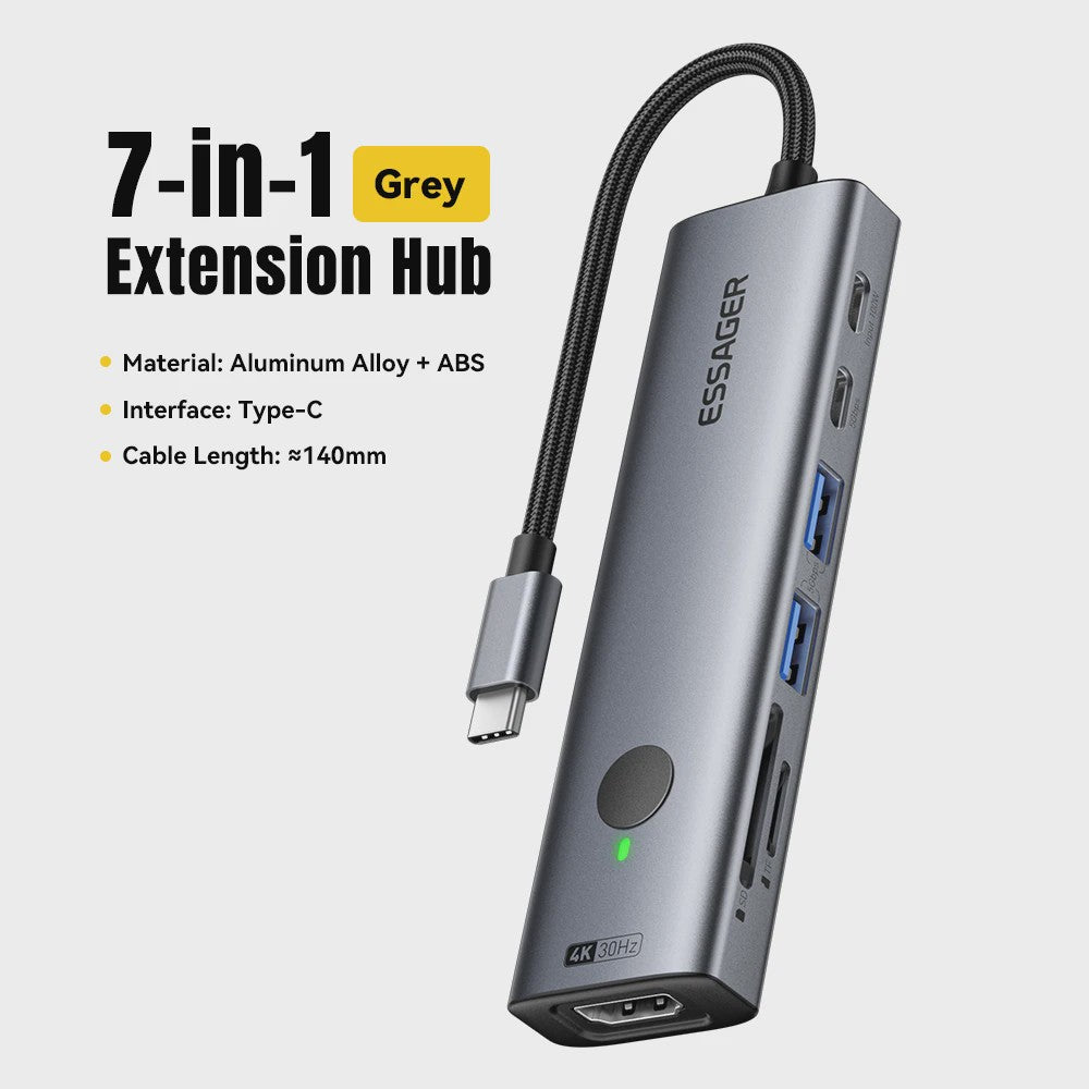 Essager 7-in-1 USB-C Hub: 4K HDMI, 100W PD, USB 3.0 & SD/TF Kaartlezer