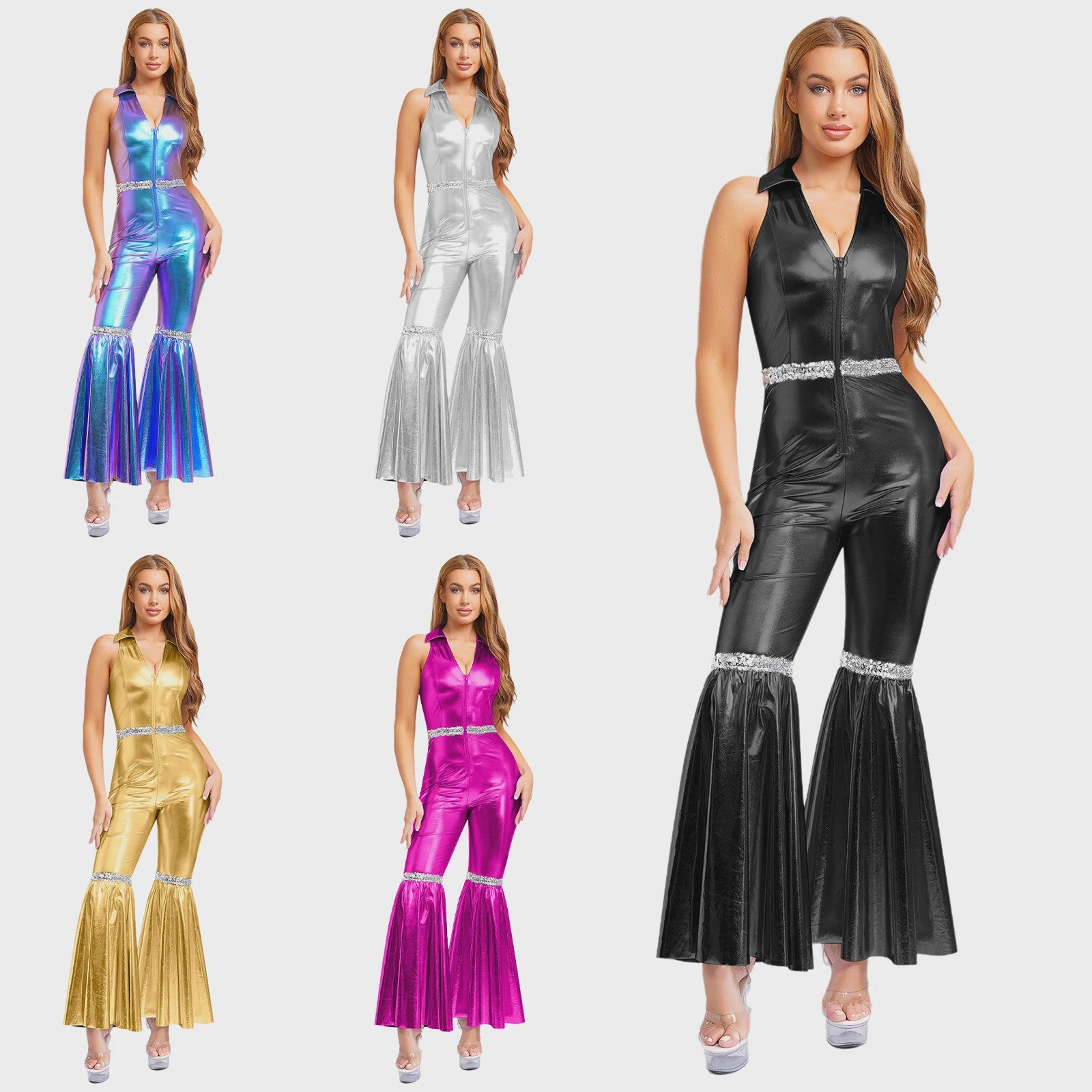 Dames Jumpsuit Jaren '70 Disco Stijl met Pailletten en Flare Pijpen