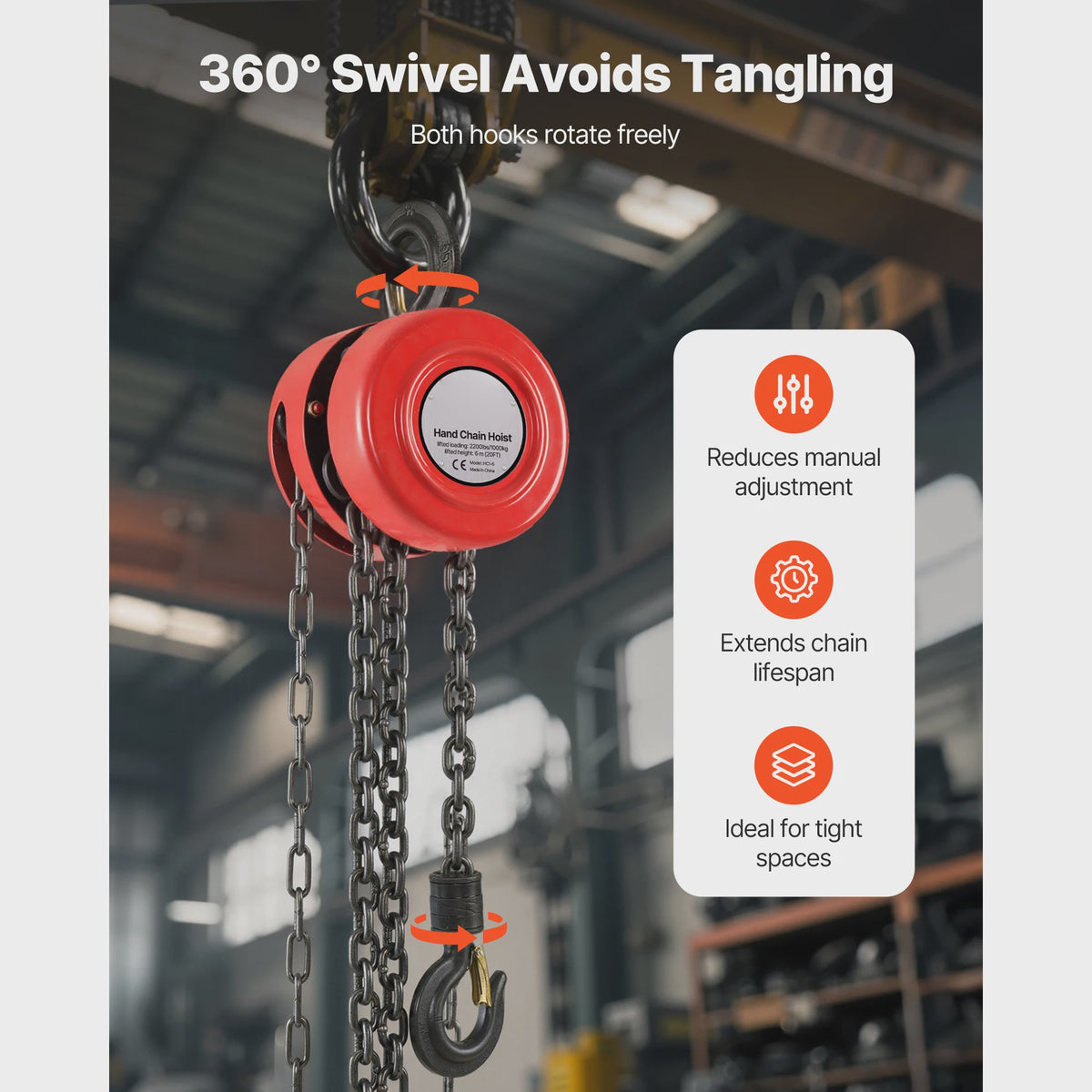 Handkettingtakel 1T/2T - Robuuste Handlier met 2.5/3/6m Hefhoogte voor Garage & Werkplaats
