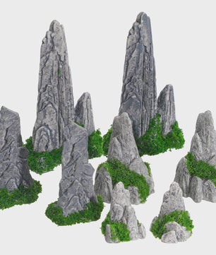 Set van 8 Decoratieve Rotsformaties met Mos voor Miniatuur Landschappen en Diorama's