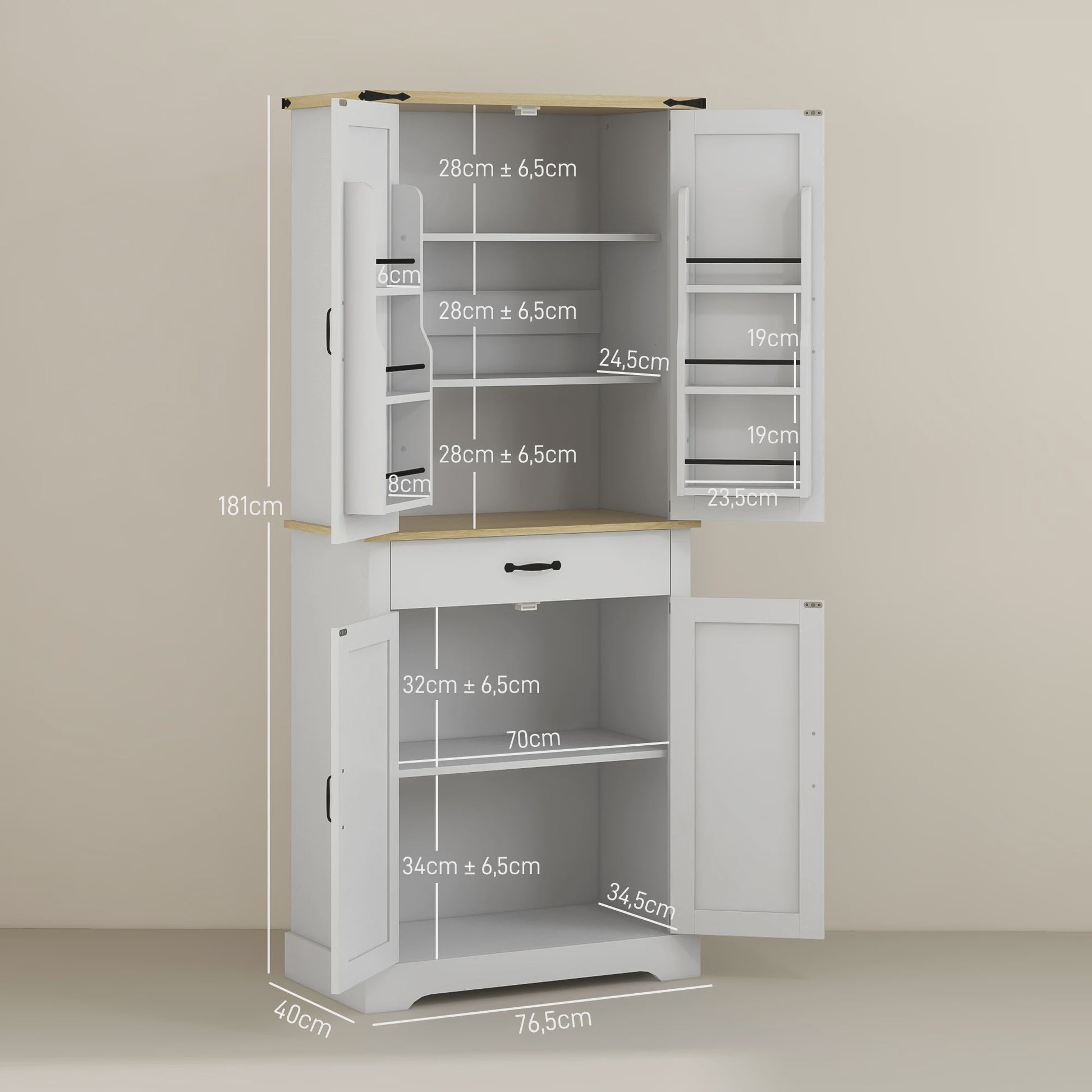 HOMCOM Keuken Buffetkast met 4 Deuren, Lade en 6 Verstelbare Planken - Wit 181 cm