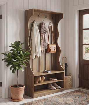 3-in-1 Halmeubel met Schoenenbank en Kapstok - Boerderijstijl Entree Organizer - 180cm Hoog - Bruin