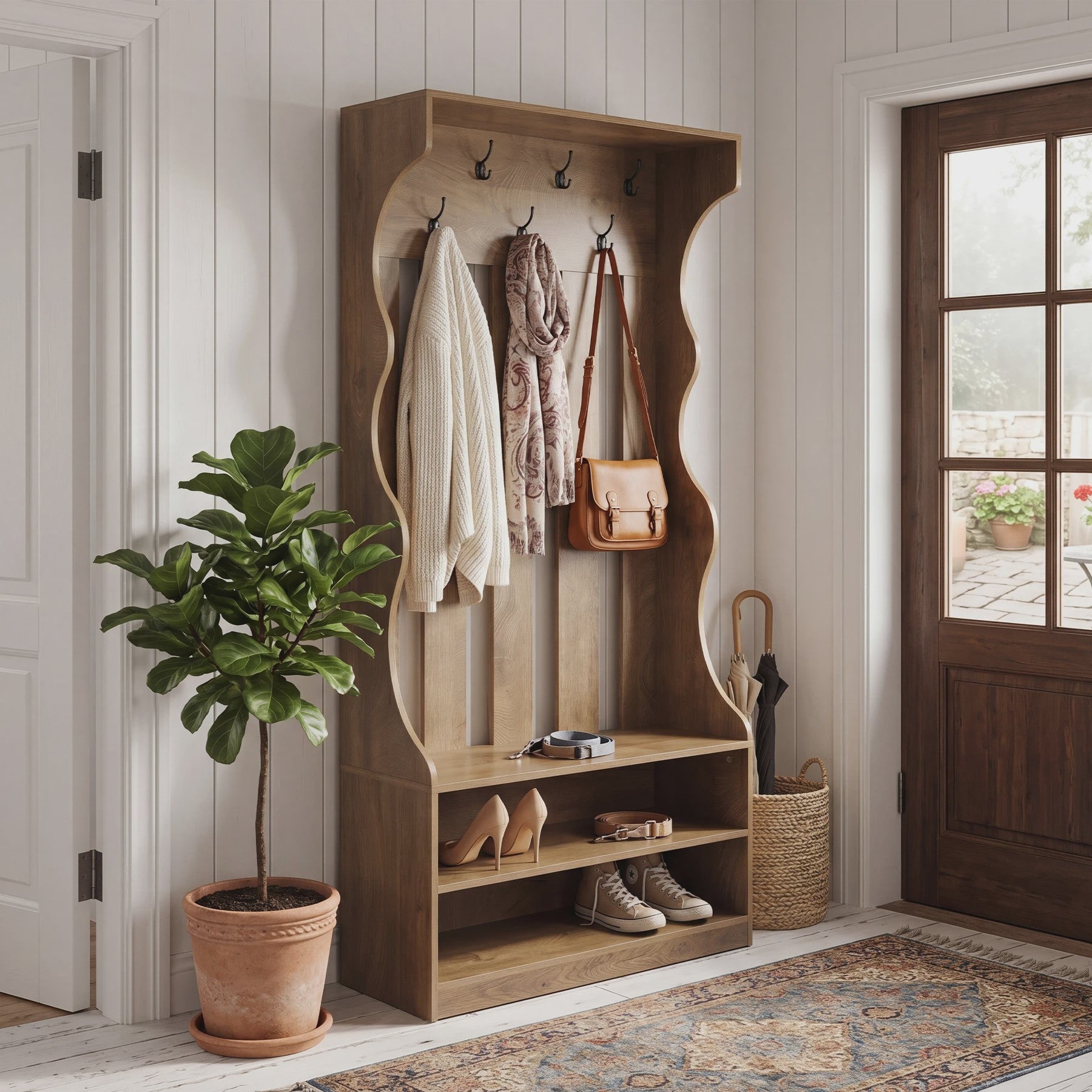 3-in-1 Halmeubel met Schoenenbank en Kapstok - Boerderijstijl Entree Organizer - 180cm Hoog - Bruin