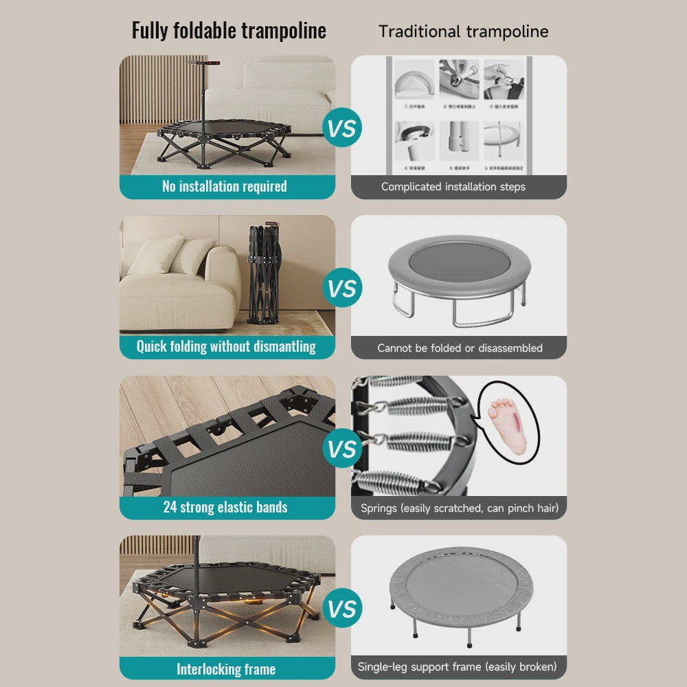 Opvouwbare Fitness Trampoline Mini Rebounder met Verstelbare Handgreep - Indoor/Outdoor
