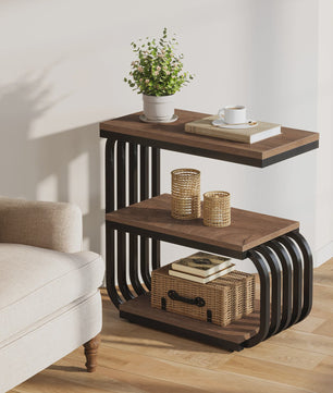 Industriële Bijzettafel met 3 Niveaus - Smal Nachtkastje met Metalen Frame