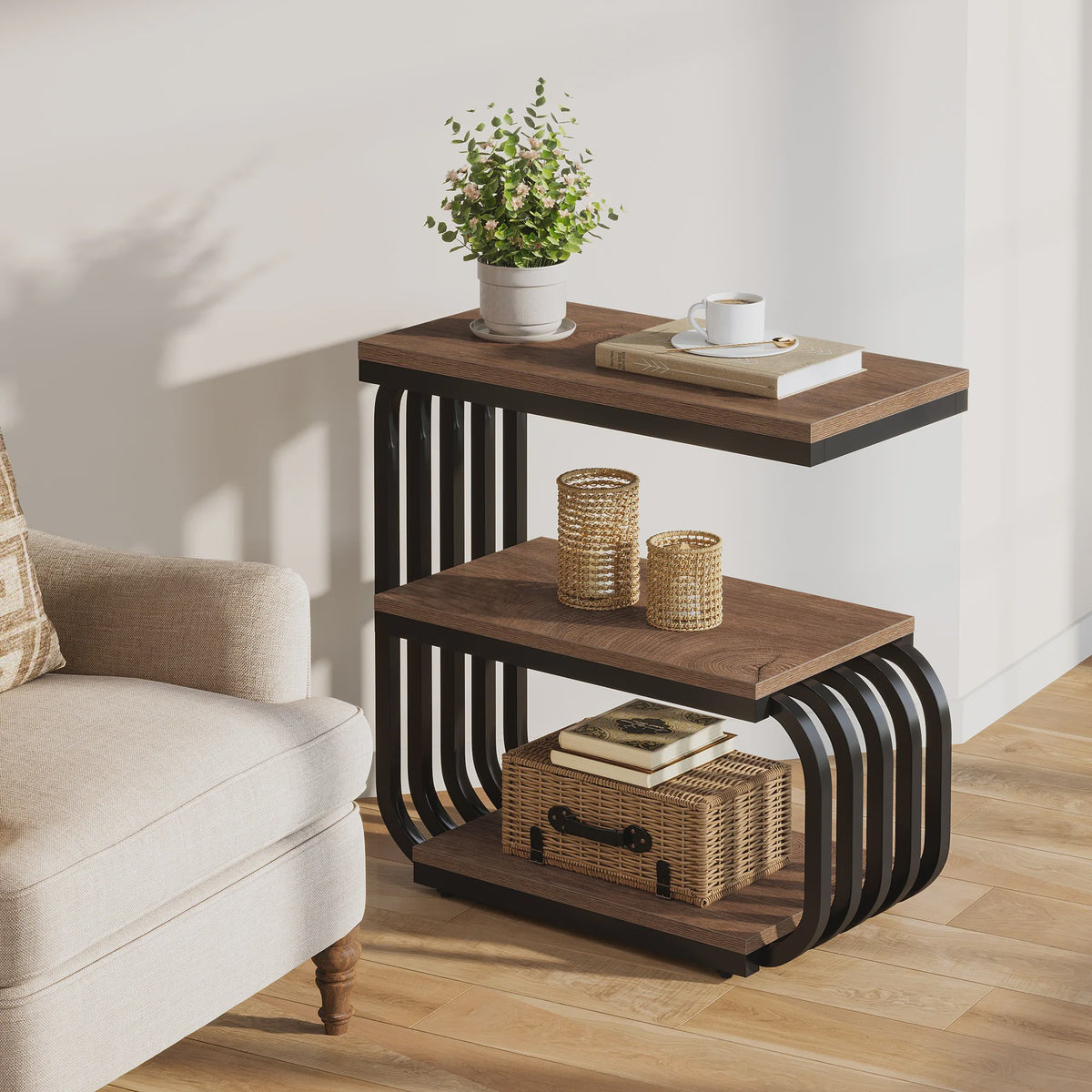 Industriële Bijzettafel met 3 Niveaus - Smal Nachtkastje met Metalen Frame
