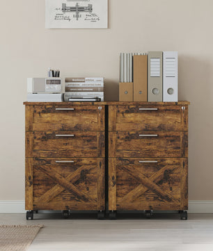 Mobiel 3-Laden Archiefkastje met Slot - Vintage Hout - Onder Bureau - Verrijdbaar Kantoor Opbergkast