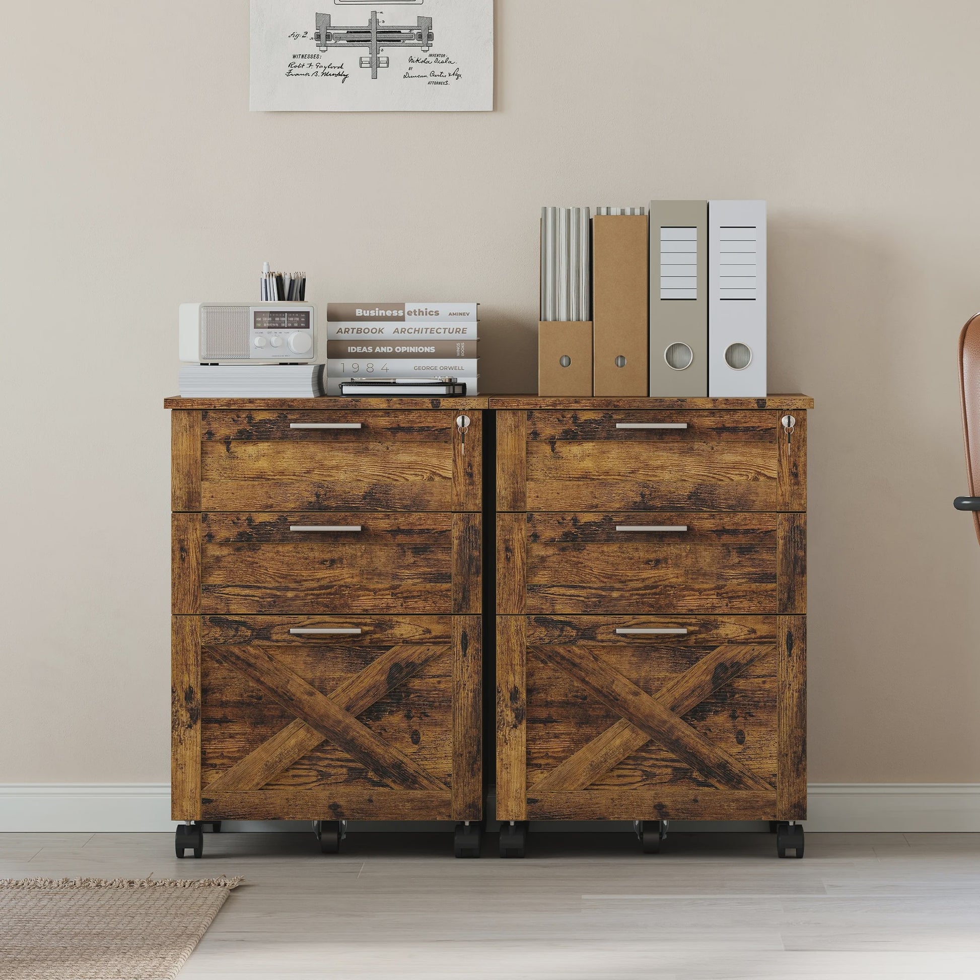 Mobiel 3-Laden Archiefkastje met Slot - Vintage Hout - Onder Bureau - Verrijdbaar Kantoor Opbergkast