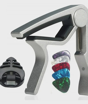 7-delige Gitaar Capo Set met 5 Picks en Houder - Zwart & Zilver