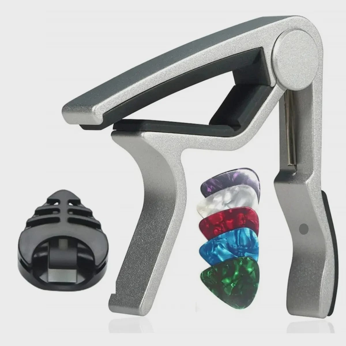 7-delige Gitaar Capo Set met 5 Picks en Houder - Zwart & Zilver