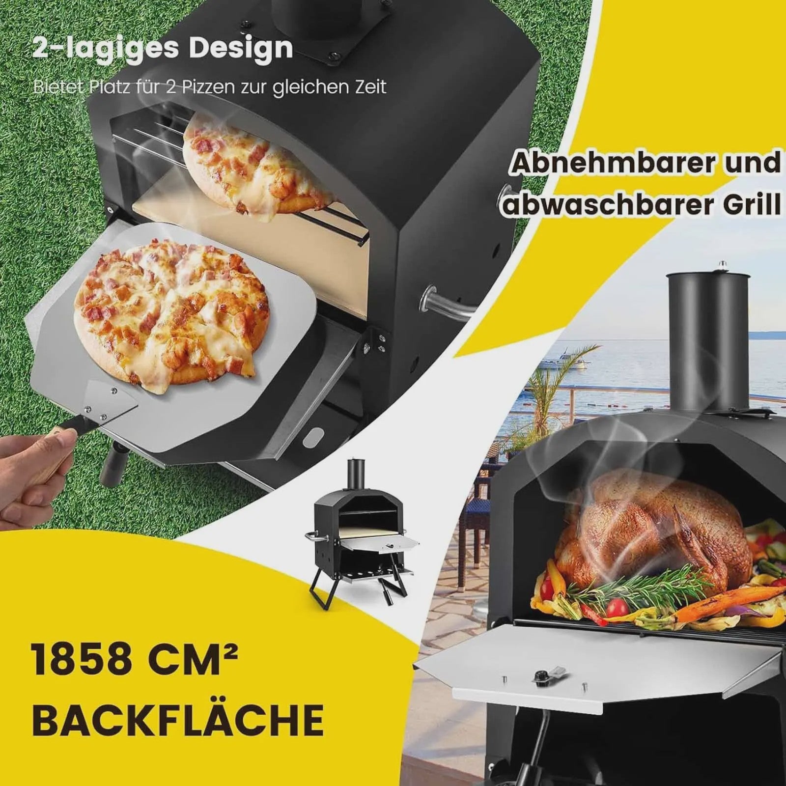 Outdoor Pizzaoven met 2 Lagen, Grillrooster, Pizzasteen & Schep