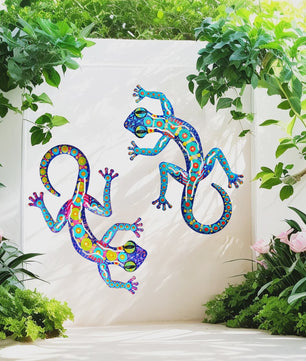 Kleurrijke Metalen Muurdecoratie Gecko - Levendige Hagedis Sculptuur voor Binnen & Buiten