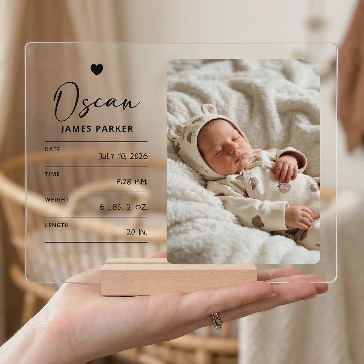 Gepersonaliseerd Geboortebord met Babyfoto & Geboortegegevens - Acryl & Hout