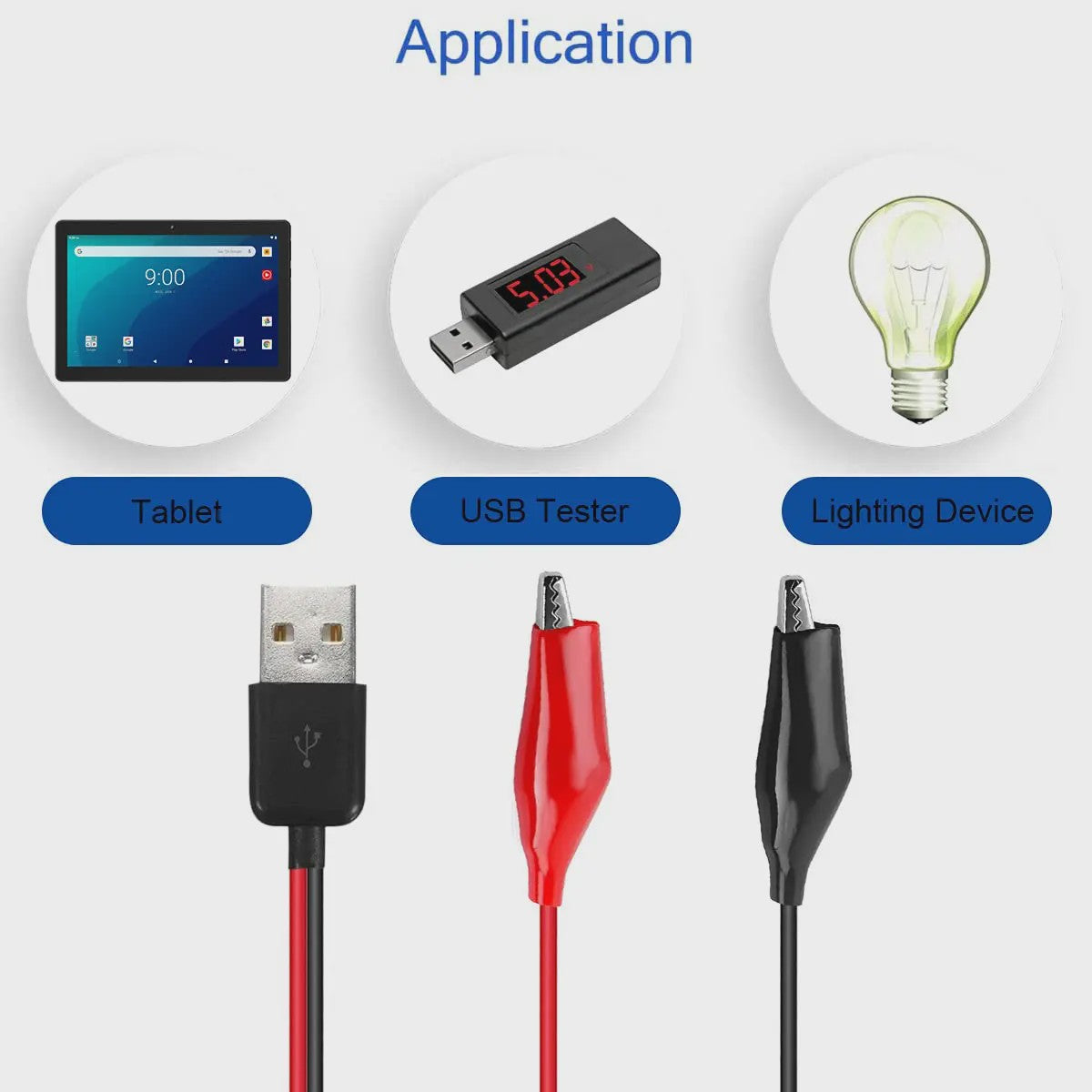 USB Type-A naar Alligator Klem Testkabel - Koperen Leidsels voor Stroomvoorziening