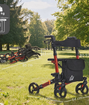 Opvouwbare Aluminium Rollator met 4 Wielen, Verstelbare Hoogte, Dubbele Remmen en Opbergtas - Rood
