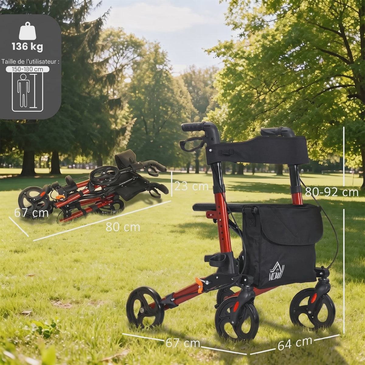 Opvouwbare Aluminium Rollator met 4 Wielen, Verstelbare Hoogte, Dubbele Remmen en Opbergtas - Rood