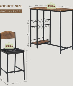 3-delige Bartafel Set met 2 Stoelen, Wijnrek en Opbergruimte