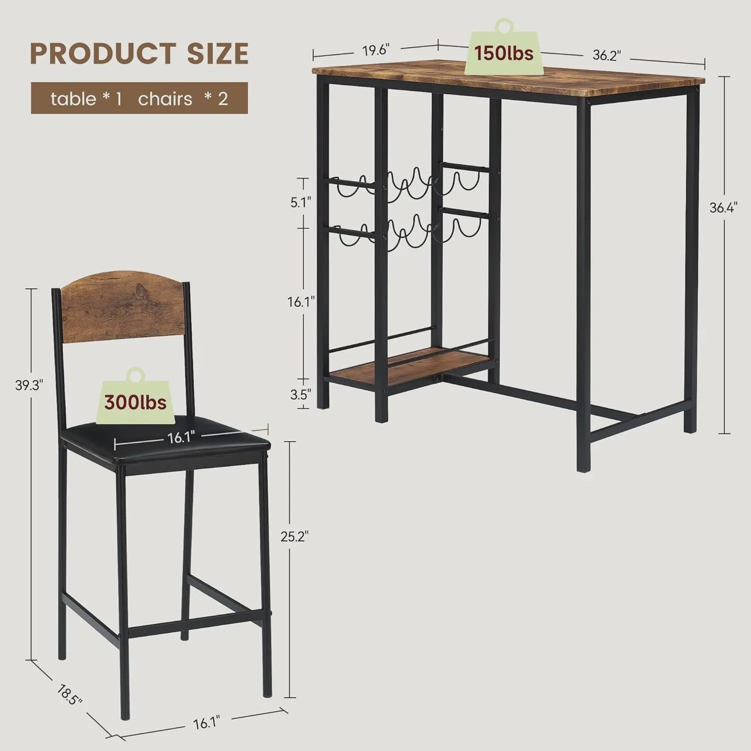 3-delige Bartafel Set met 2 Stoelen, Wijnrek en Opbergruimte