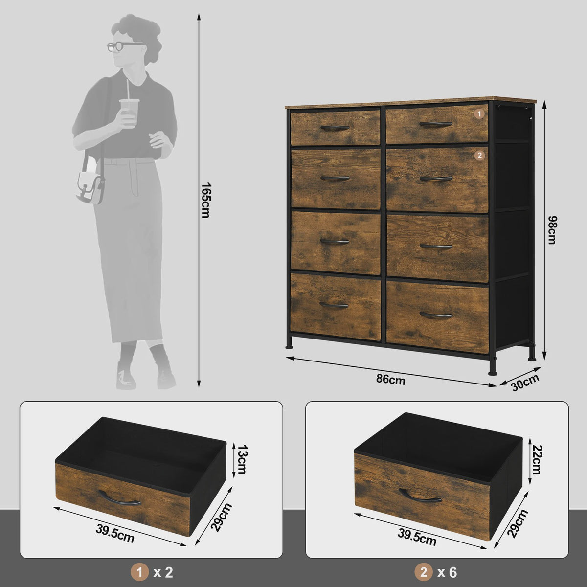 Ladekast Sideboard met 8 Stoffen Lades - Industriële Stijl - Woonkamer, Slaapkamer, Hal