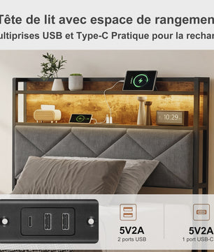 Modern Metalen Bed 90x200cm met LED Verlichting, Opbergkopstuk en USB-poorten